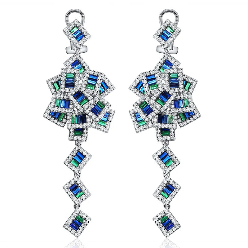 Luxury Stacking Colorful baguette Earrings Silver 925 Jewelry Multi Color Zirconia Women 18k Gold Plated Diamond Dangle Earrings
