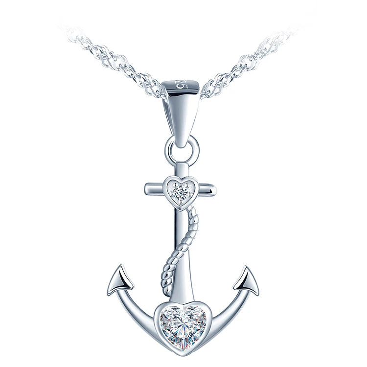Anchor 925 Silver Necklace Pendant Zircon Diamond Setting Heart Style Combination
