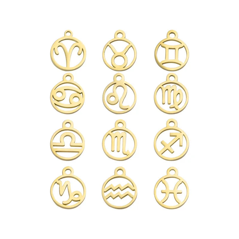 Wholesale Gold Plated Hollow Out 12 Zodiac Sign Pendants Stainless Steel Zodiac Charms for Jewelry Making
