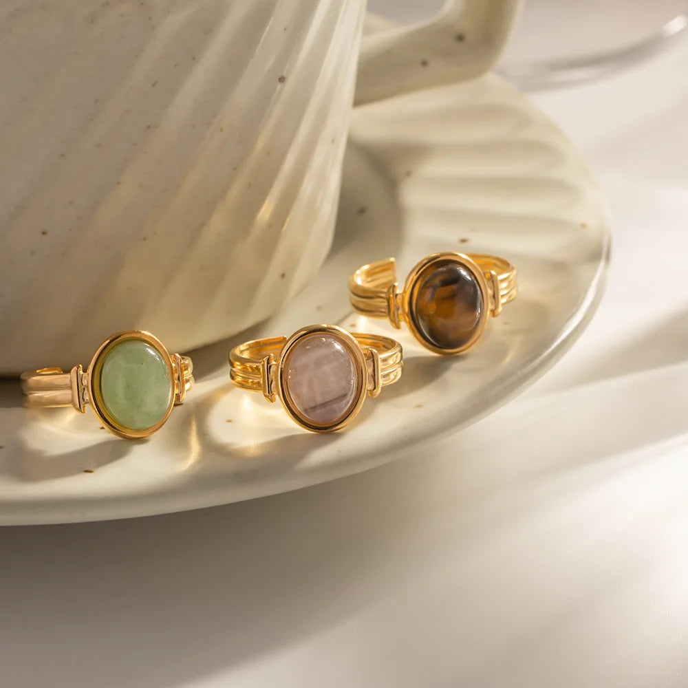 Popular Vintage Oval Half Gemstone Open Ring Fashionable Versatile Stainless Steel Ring Daily Accessories