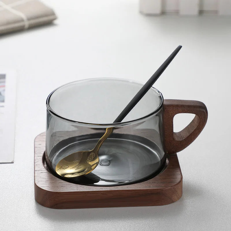 Solhui High Borosilicate Colored Glass Coffee Cup American Latte Cup with Wood Handle Wooden Tray