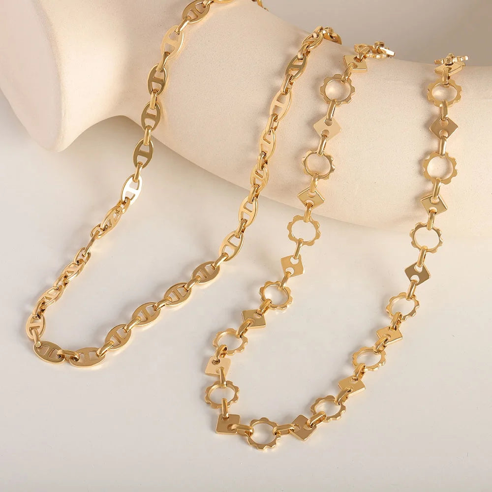 Wholesale Custom 18K Gold Stainless Steel Hade Made Punk Chian Coffee Bean Link Geometric Chain Choker Necklace Bracelet