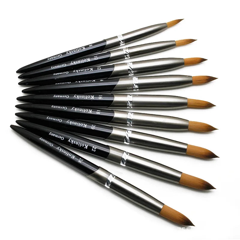 Wholesale Custom Curved Logo Black Metal Handle Kolinsky Nail Brush Pure Mink Hair Crystal Brush Flower Painting Pen