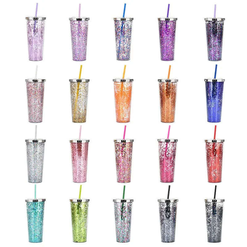 24oz Double Wall Plastic Bottle Glitter Bling Drinkware Water Bottle Eco With Straw Friendly Shining Tumbler