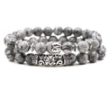 Men's Fashion 8mm Natural Agate Stone Bracelet Set With Plated Silver Lion Owl Buddha Head Chain and Bead Jewelry Set