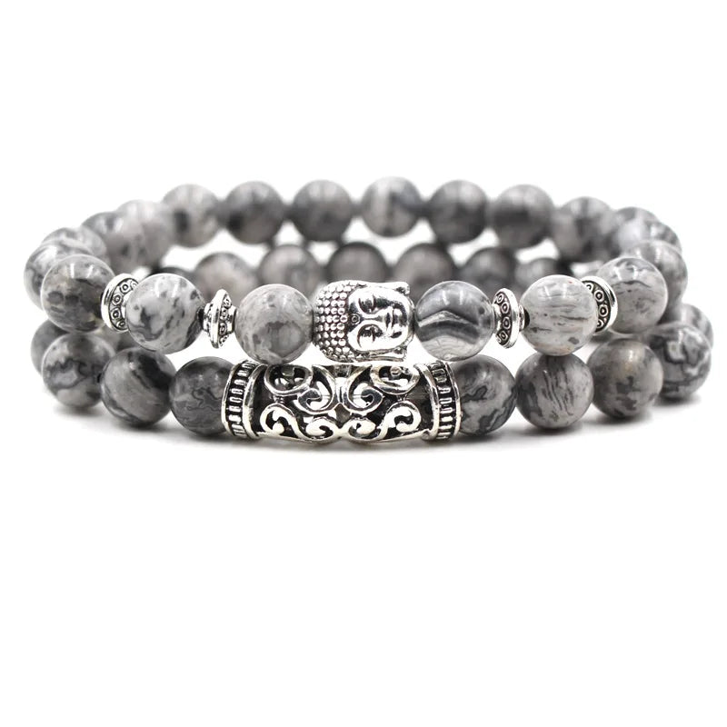 Men's Fashion 8mm Natural Agate Stone Bracelet Set With Plated Silver Lion Owl Buddha Head Chain and Bead Jewelry Set