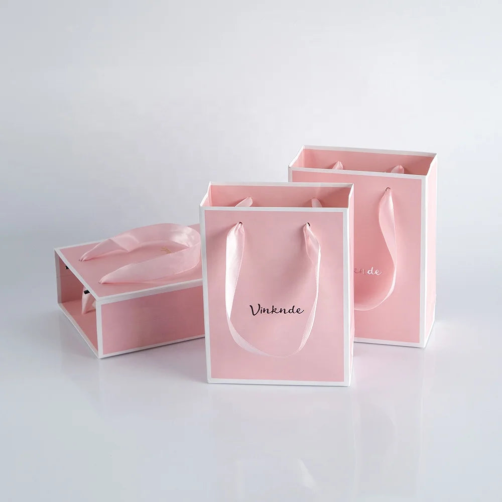 12x5.7x16cm Pink Luxury Clothing Shopping Bags Gift Paper Bag Packaging with Ribbon Handle Bag for Wedding/jewelry/cosmetic