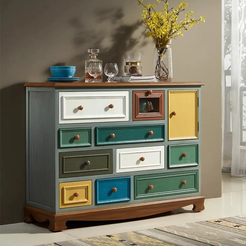 American Birch Solid Wood Antique Style 10-Drawer Adjustable Storage Chest Vintage Dresser Bedroom Living Room Furniture