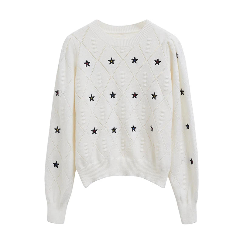 Chic 100% Acrylic Pullovers for Women OEM ODM Knit Wear with Diamond-shaped O-Neck Star Embroidery Casual Style with Front Logo
