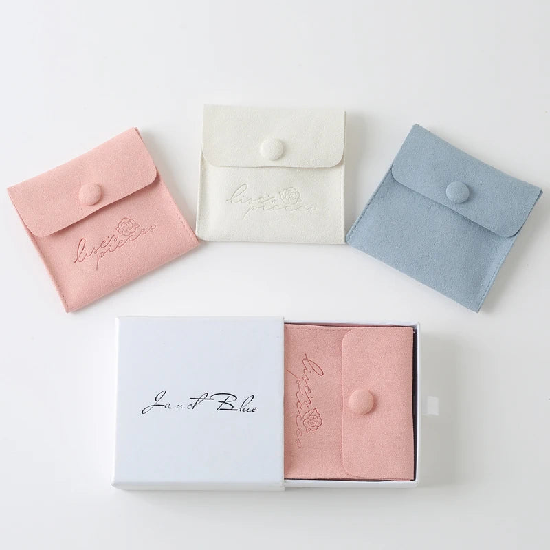 Custom Logo Microfiber Snap Button Pouch Bag Small Elegant Jewelry Container for Earrings Gift Bag with Insert Pad/Card