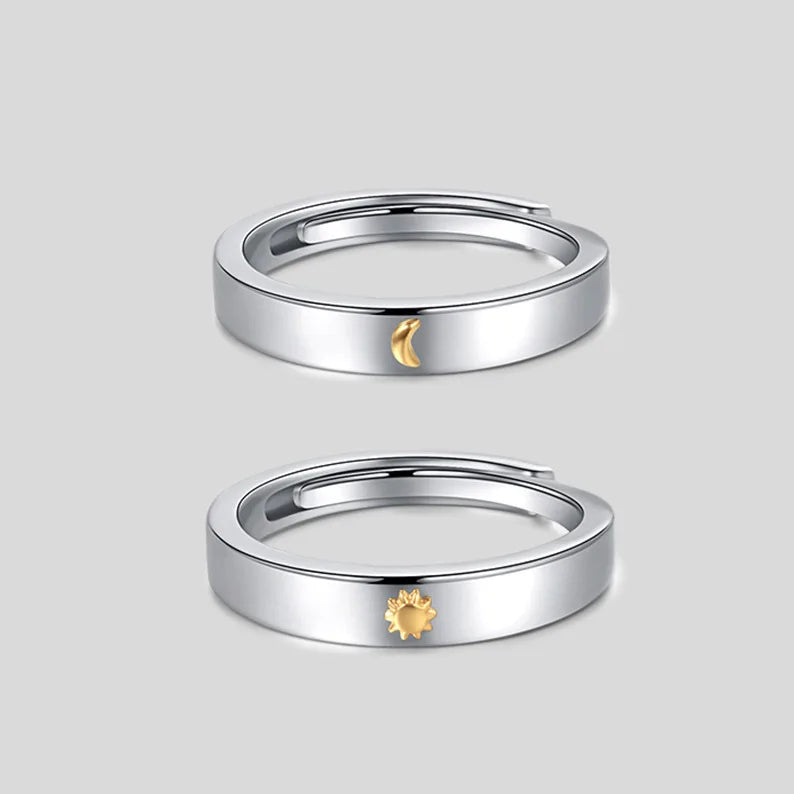 European Fashion Copper Plated White Gold Couple Ring Adjustable Sun and Moon Jewelry Ring for Men and Women