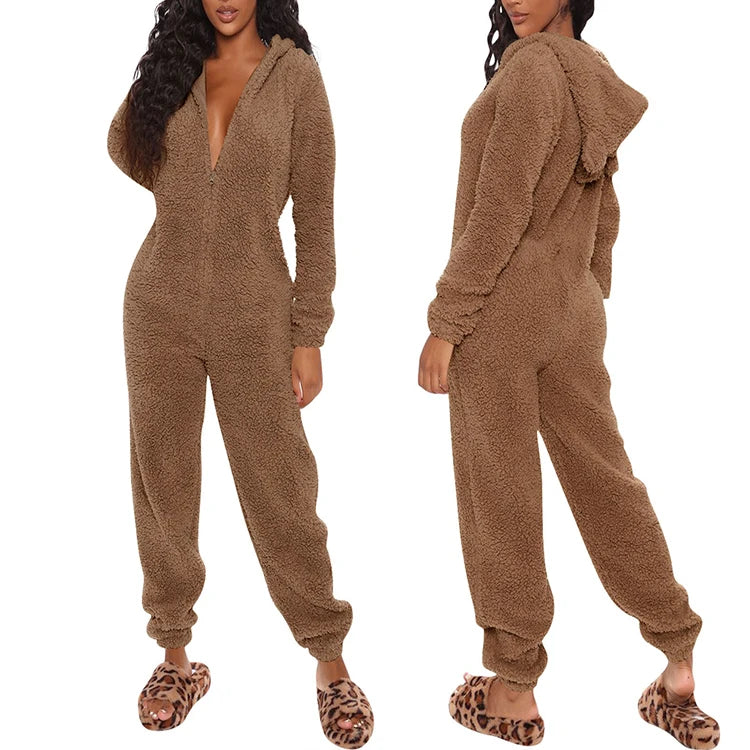 Solid Color Sherpa Cute Hooded Romper Lounge Furry  Plus Size Pajamas Womens Teddy Fuzzy Bear for Adults