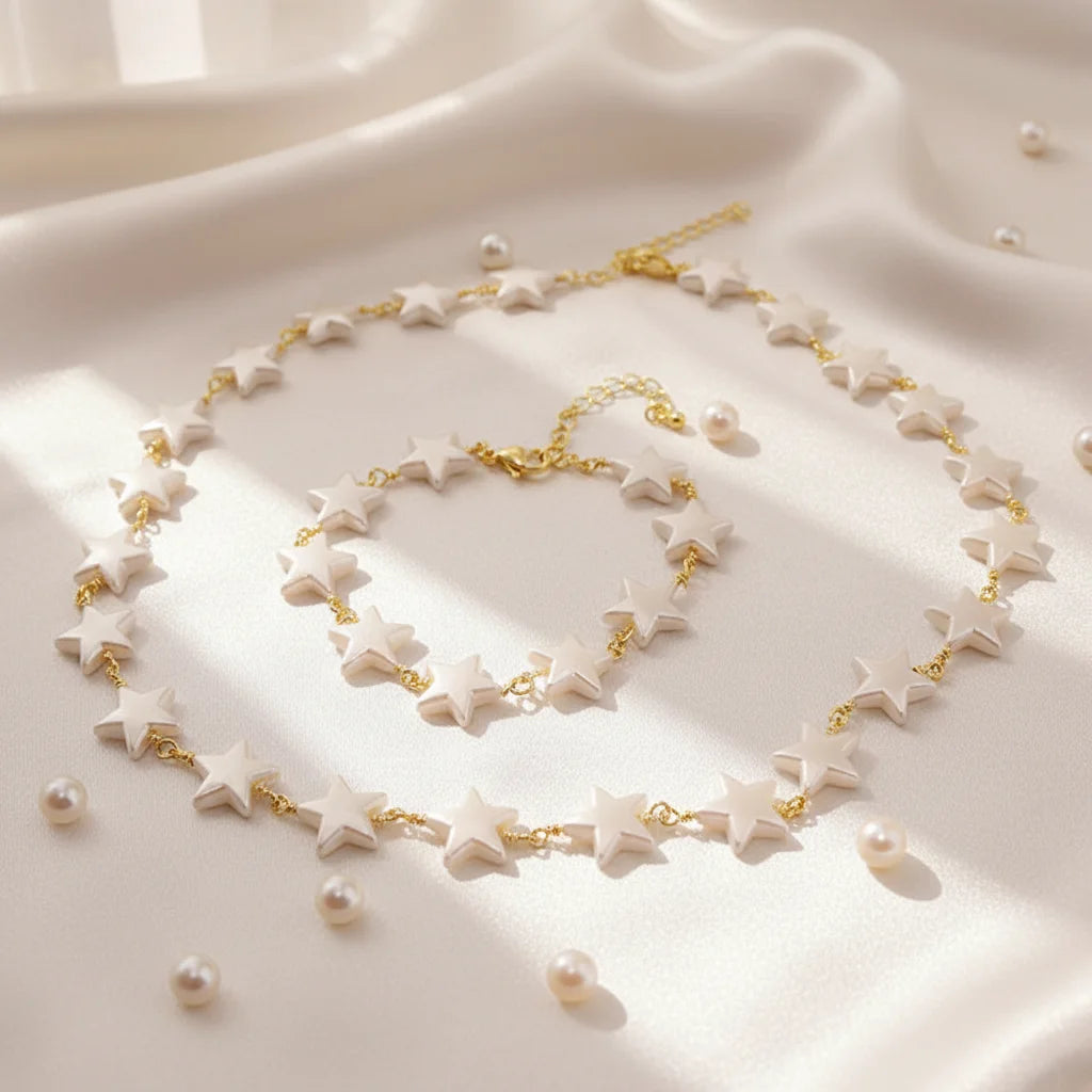S11186 Dainty 18K Gold Plated Star Faux Pearl Plum Blossom Beaded Link Chain Bracelet Necklace Jewelry Set