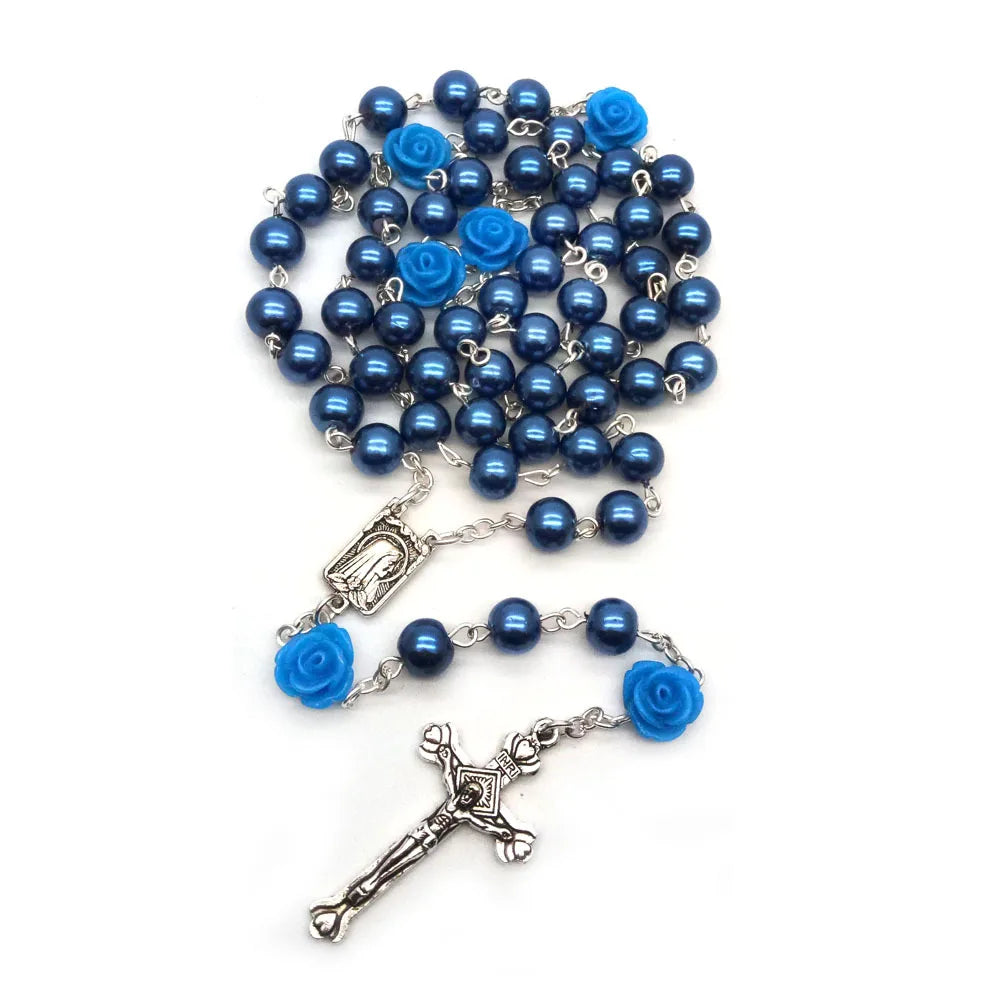 Wholesale 6mm Pearl Rose Rosary Bead Necklace Christian Religion Cross Jewelry Baptist Bead Rose Bead Chain Necklace