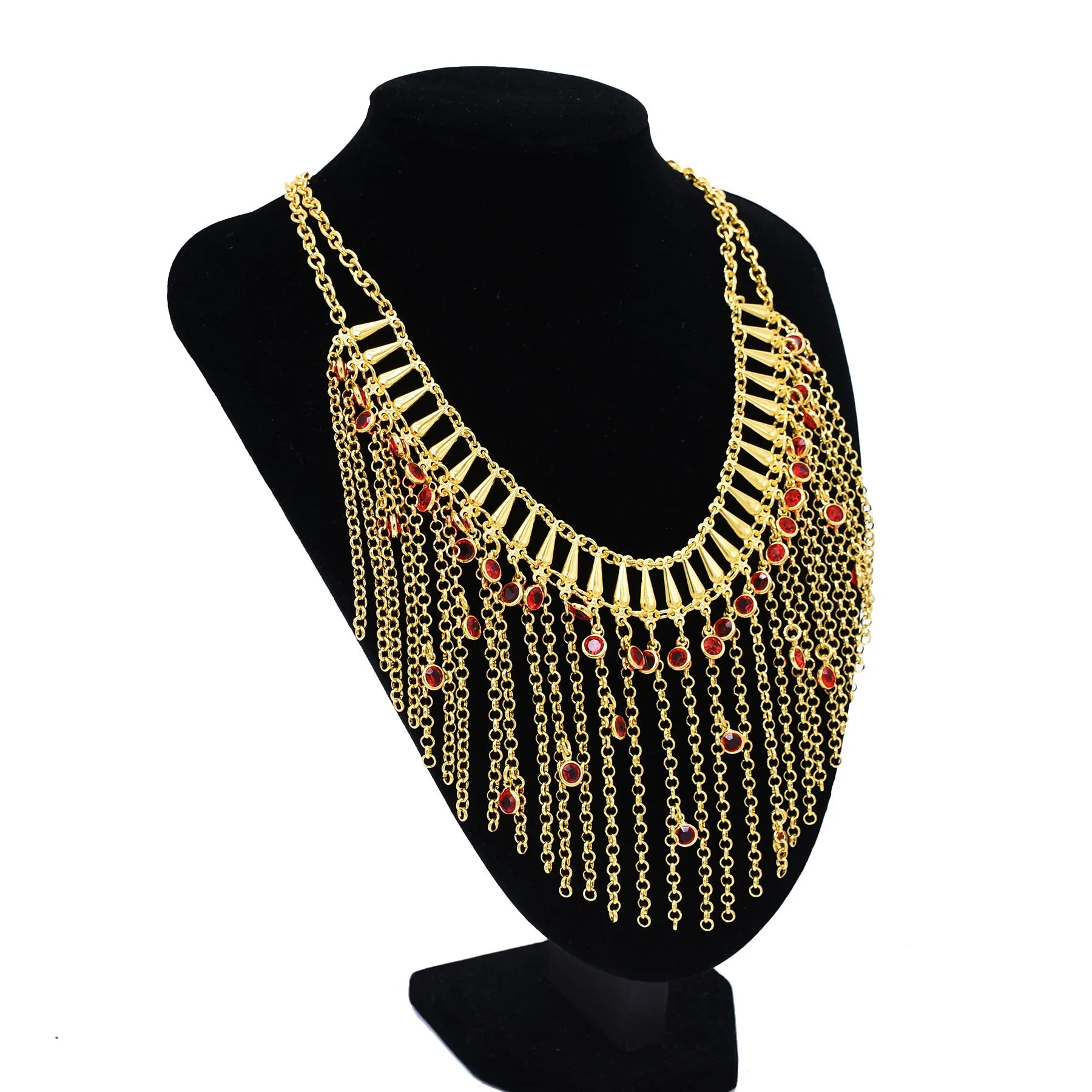 Trendy Ancient Style Gold-Plated Tassel Choker Necklace Link Chain with Red Beads Inlaid New Fashionable Style