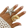 Fashion Statement Pearl Adjustable Ring Beach Holiday Wind Starfish Conch Big Ring for Women