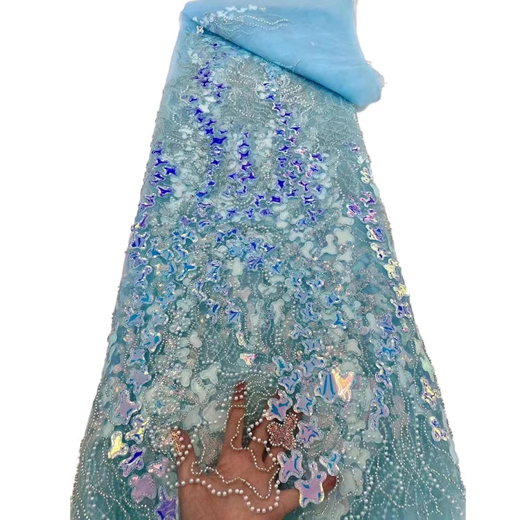 Sky Blue Glitter Sequins Beads Embroidery Lace African Guipure Lace Fabric 5 Yards Order