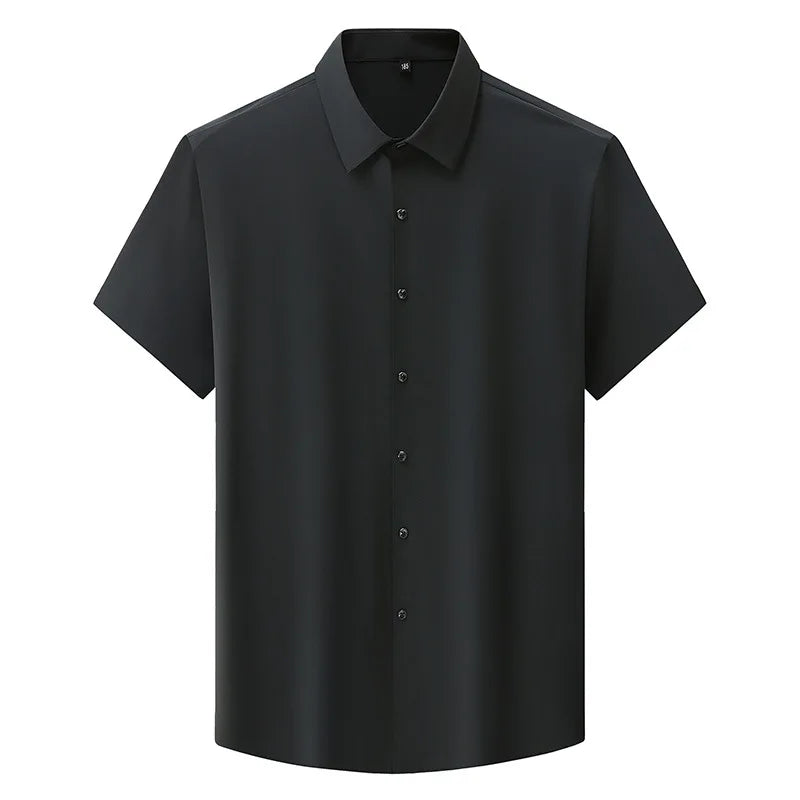 2026 Summer Large Size Men's Traceless High Elastic Ice Silk Short Sleeve Shirt Thin Solid Color Shirt