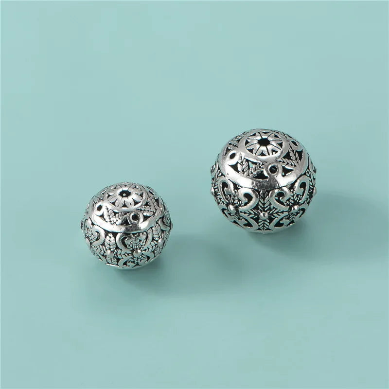 Retro S925 Sterling Silver Hollow Flower Round Ball Spacer Beads for Men Jewelry Making Supplies 10mm 12mm