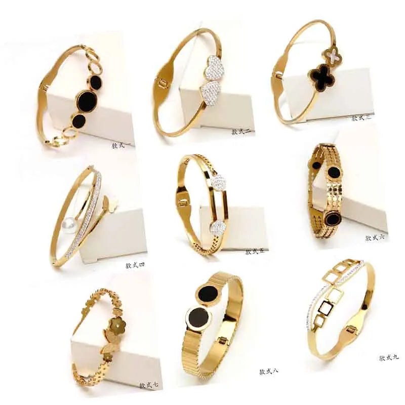 17 Models Fashion Jewelry Non Tarnish 316L Stainless Steel Bracelets Bangles CZ Diamond Clover 18k Gold Plated Butterfly Bangle