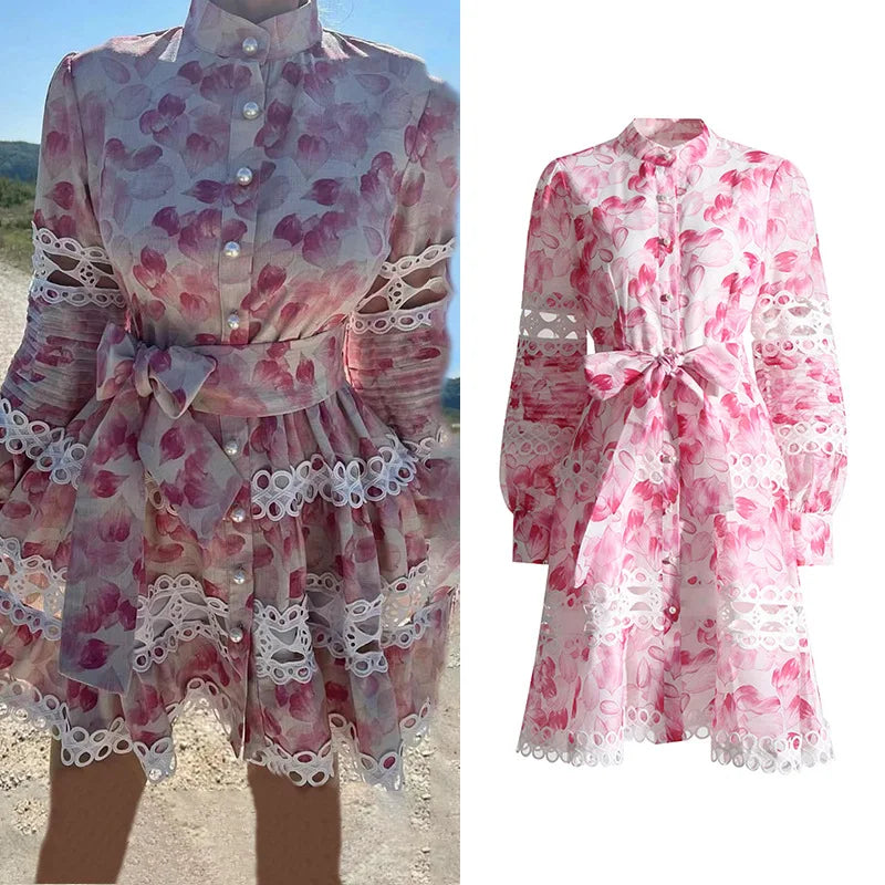 Sweet Retro Bohemian Style 2023 New Woven Washable Stand-up Collar Long-sleeved Hollow Embroidered Lace-up Short Printed Dress