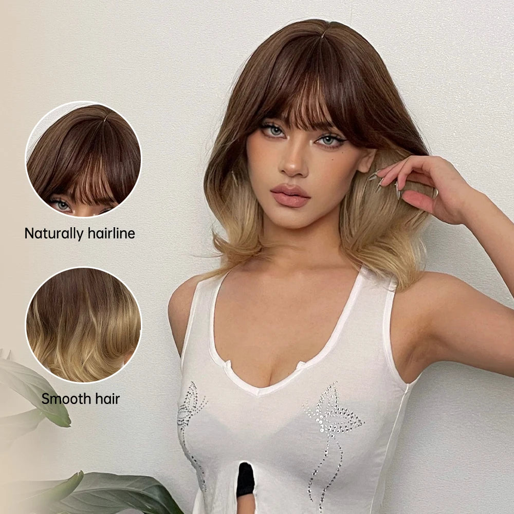 Factory Fast Delivery Short Wavy Brown Golden Blonde Synthetic Hair Wigs with Bangs Shoulder Natural Ombre Wig for Women Heat Re