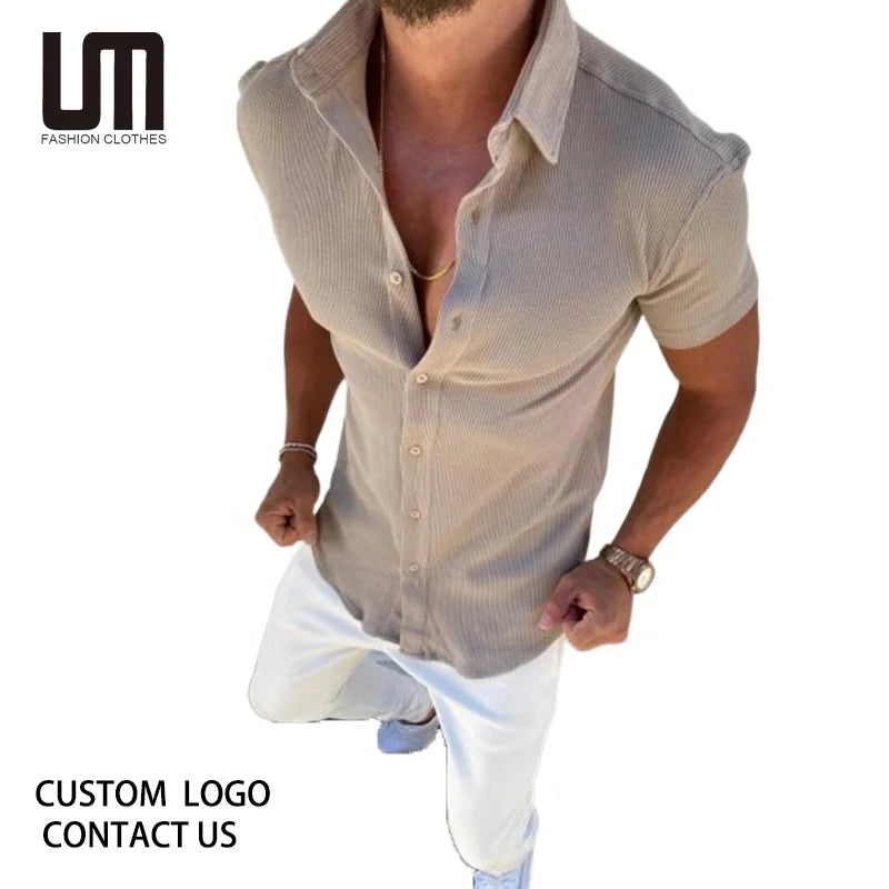 Liu Ming Hot Selling Summer Streetwear Men s Casual Solid Color Short Sleeve Turn Down Collar Button Tops Plus Size Shirt