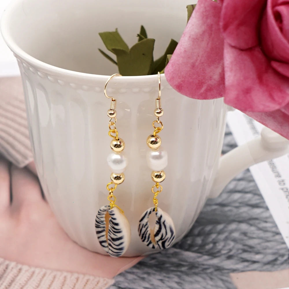 Go2boho 1 Pair of Summer Beach Luxury Jewelry Date Gifts Feeling Sea and Shell Dangle Freshwater Pearls Drop Earrings for Women