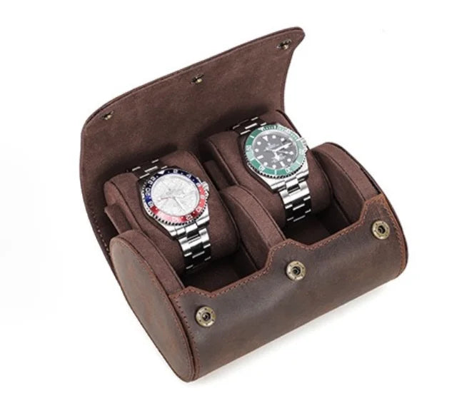 Crazy Horse Cowhide Leather Travel Watch Roll Genuine Leather Case Removable Velvet Pillow for 2 Watches OEM Brand