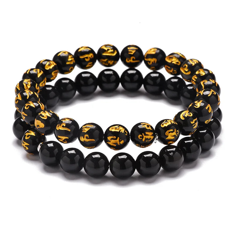 2022 New Arrival 8mm Obsidian Bracelet Buddha Bead Bronzing Bracelet Six-character Mantra Bracelet for Women Girls