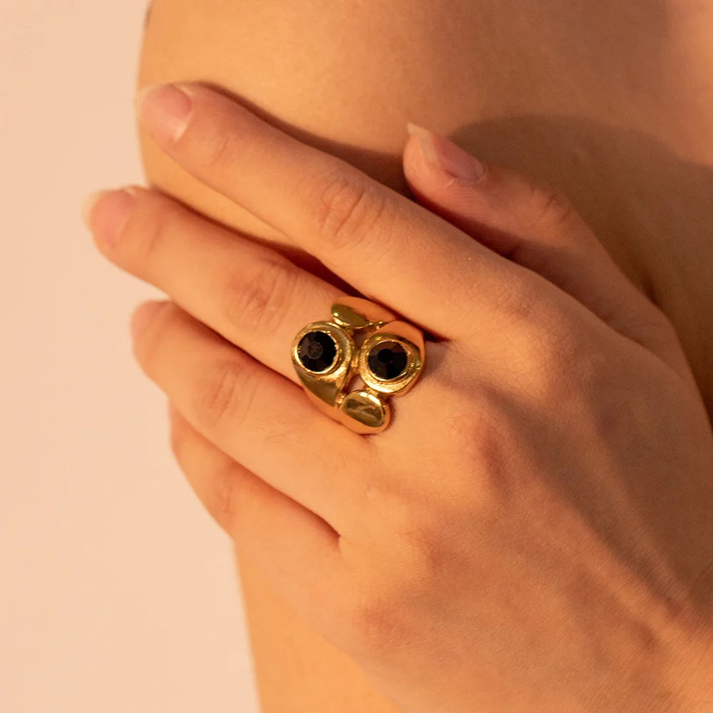 Wholesale 2023 New Non Tarnish 18K Gold Plated Stainless Steel Irregular Rings for Lady Luxury Black Face Zircon Stone Rings