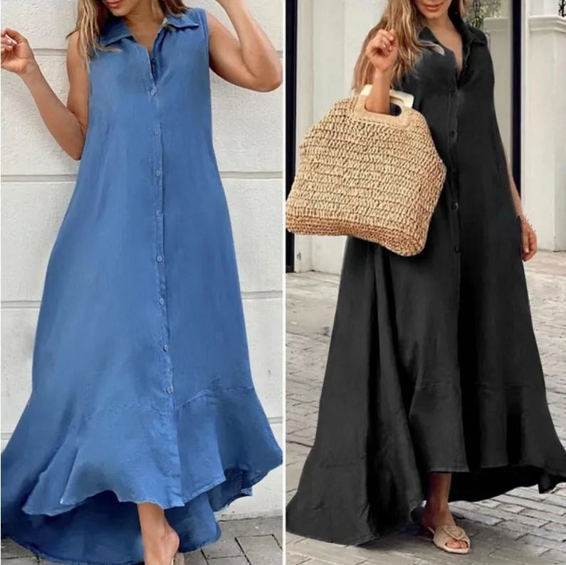Summer Women Clothing Elegant Vintage Big Bottom Linen Fabric Maxi Dresses Sleeveless Ladies Casual Dress