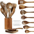 Eco-Friendly 10-Piece Natural Teak Wood Kitchen Utensil Set with Wooden Spoons Spatula 7 Metal Hooks