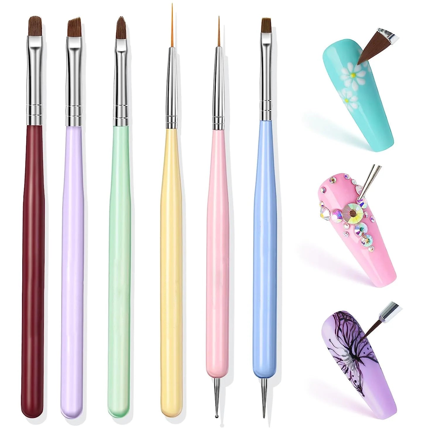 YIJIAYI 6pcs Macaron Color Nail Art Brush Sets Aluminum Tube with Wooden Pole Promotional Wholesale Nylon Hair Brushes