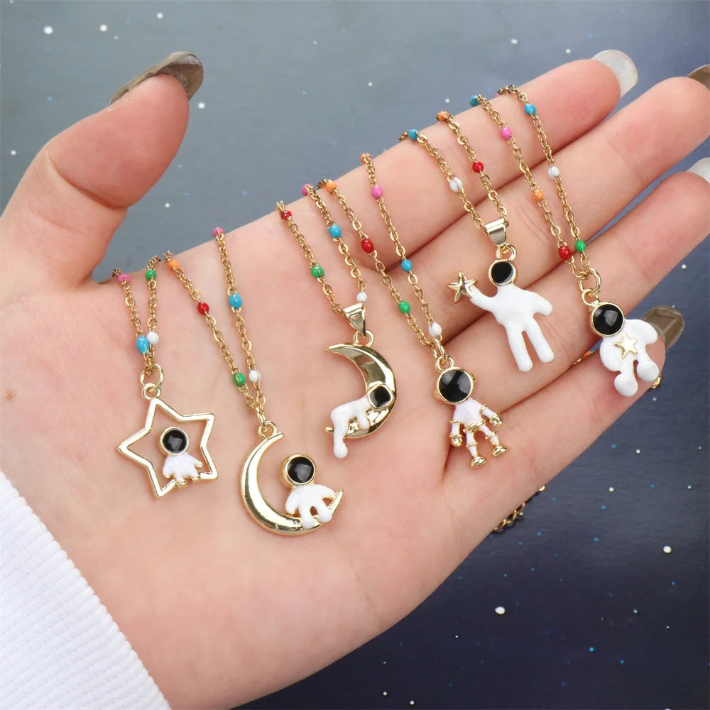 Cute Enamel Astronauts Space Pendant Couple Necklace Friendship Jewelry Star Stainless Steel Necklaces Gifts Women Girls