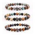 New Design Men Bracelet Mix Natural Stone Vintage Stainless Steel Skull Charm Gemstone Elastic Bracelet Men