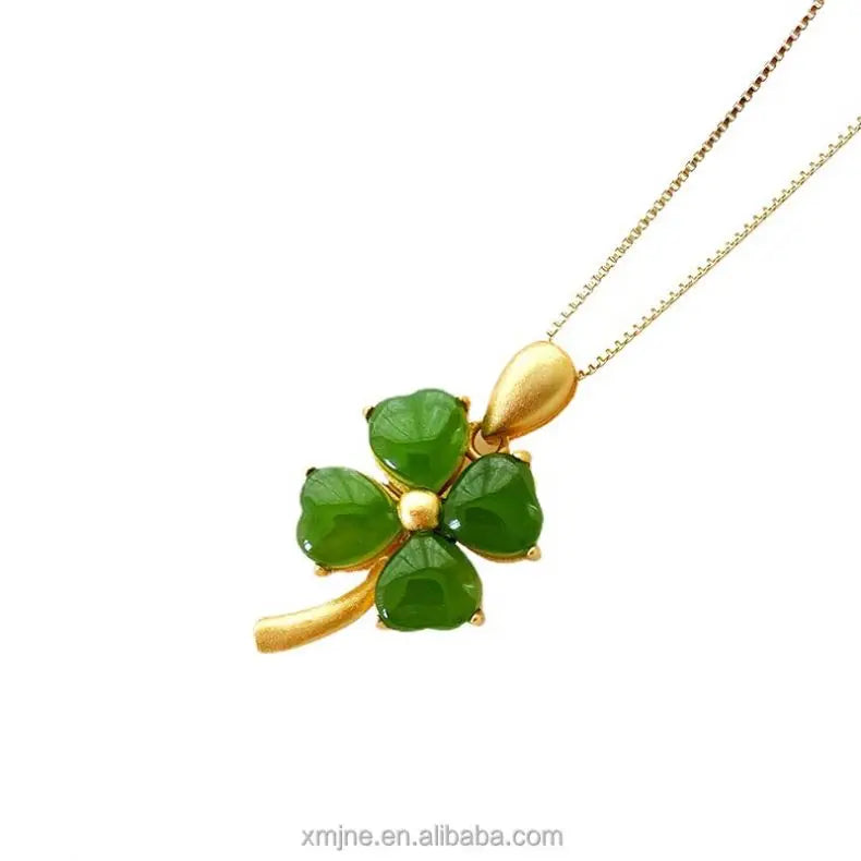 Certified Hetian Jade Four-Leaf Clover Necklace Ancient Silver Inlaid Jade Pendant Jasper Spinach Green Jade  Chain Pendant