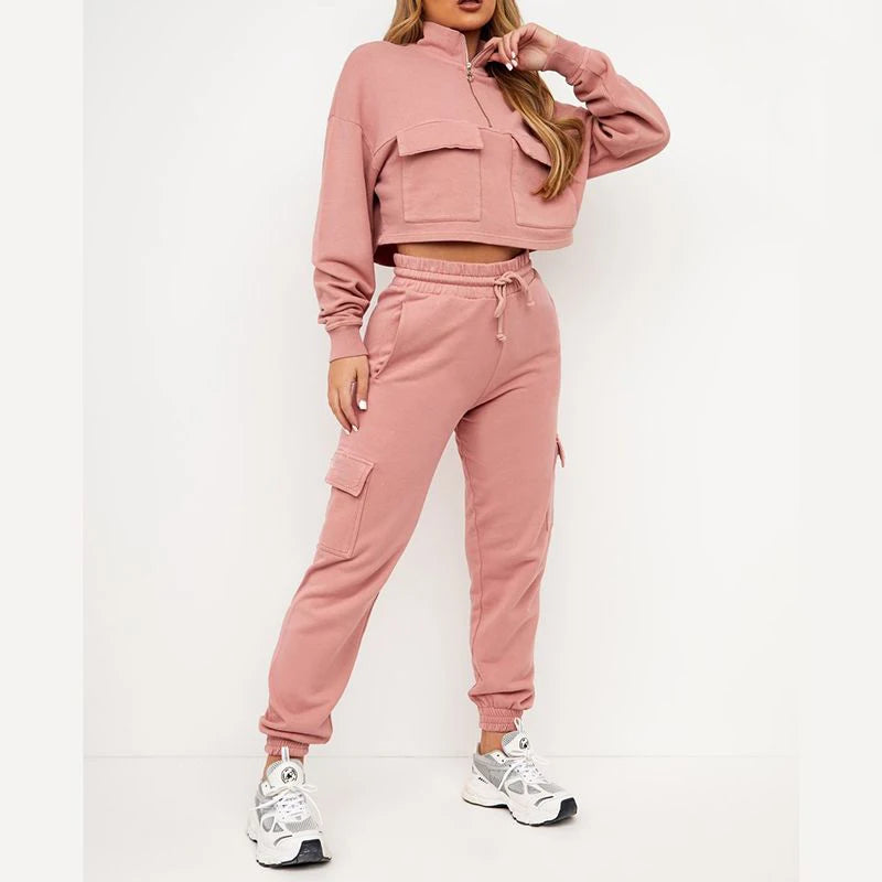 L230602 Custom Women Crop Top Jackets With Pocket Tracksuit Set Women Hoodies & Sweatshirts and Cargo Pants Jogger Set