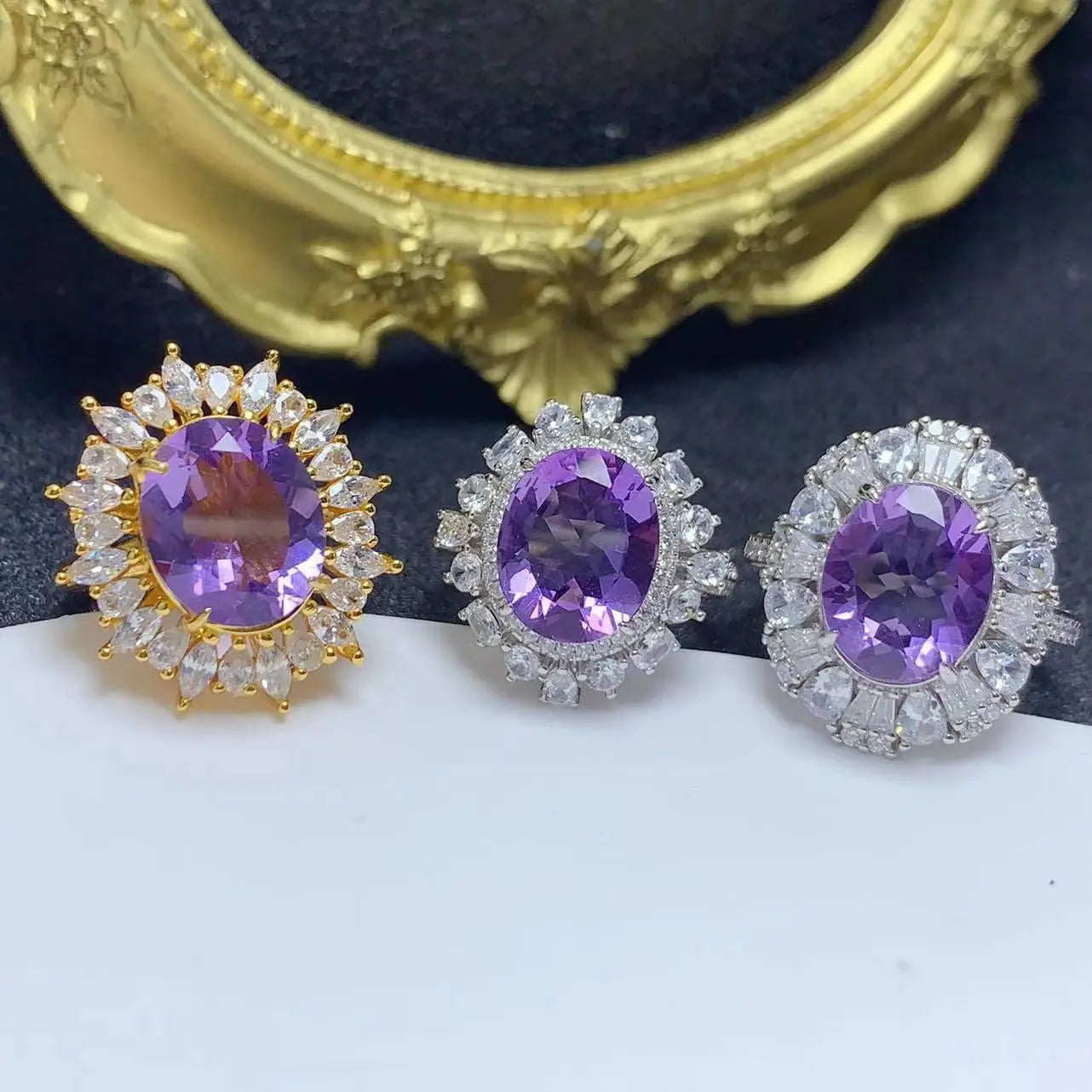 New Design 925 Sterling Silver 18K Gold Plated Oval Cut Natural Amethyst Big Stone Crystal Rings for Women