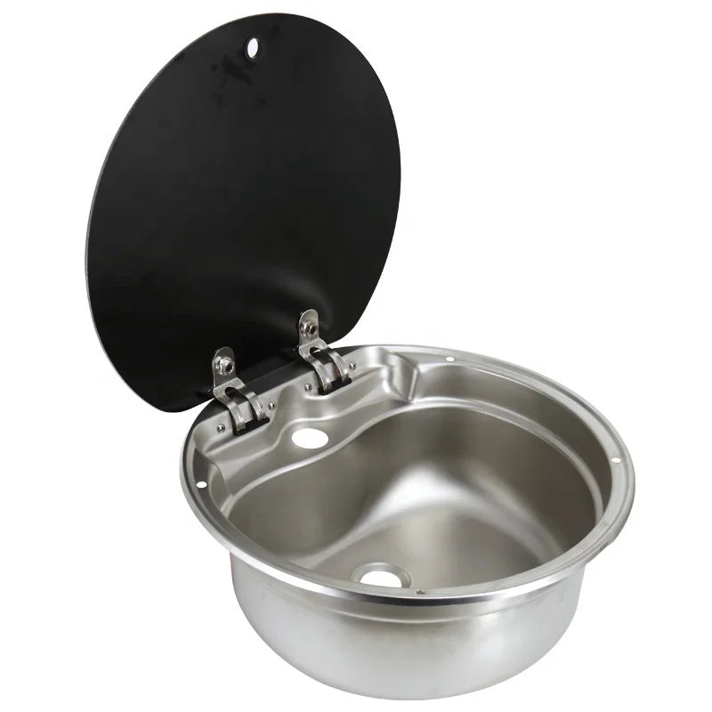 RV Small Cooker Sink Folding Faucet Round Stainless Steel Glass Kitchen Modern Single Bowl Slide Camper Caravan Kitchen