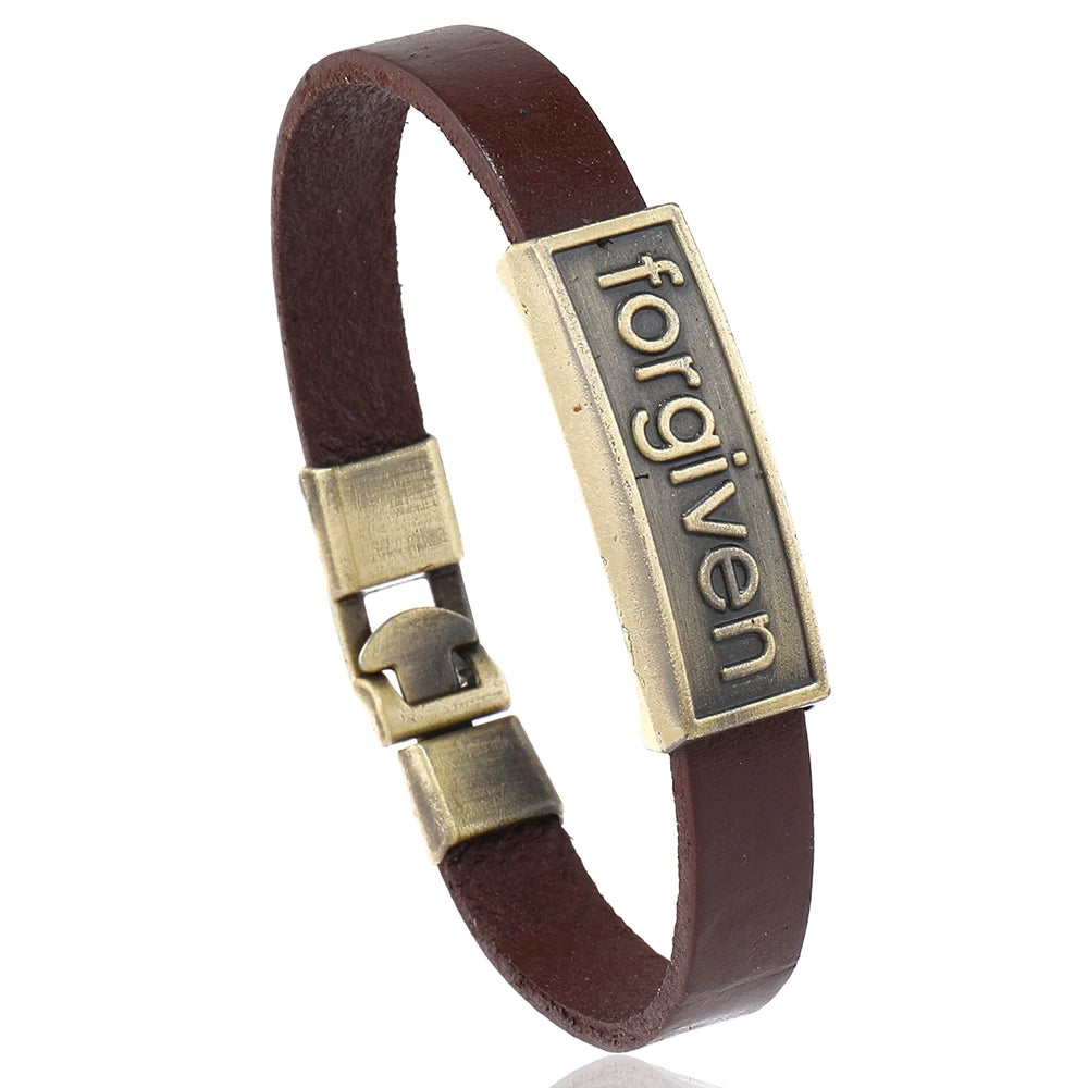 Simple Genuine Leather Bangle Forgiven Letter Vintage Leather Easy Hook Cuff Bracelets for Men