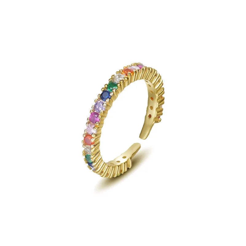 Fine Jewelry 925 Sterling Silver Gold Plated Rainbow Colorful Zircon Diamond Adjustable Stackable Rings YF3183