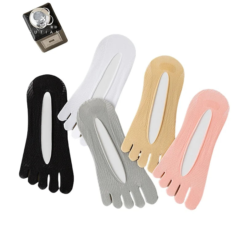 Women's Summer Five-Finger Boat Crew Socks Invisible 5 Toes Breathable Velvet Mesh High Absorb-Sweat Capability Thin for Autumn