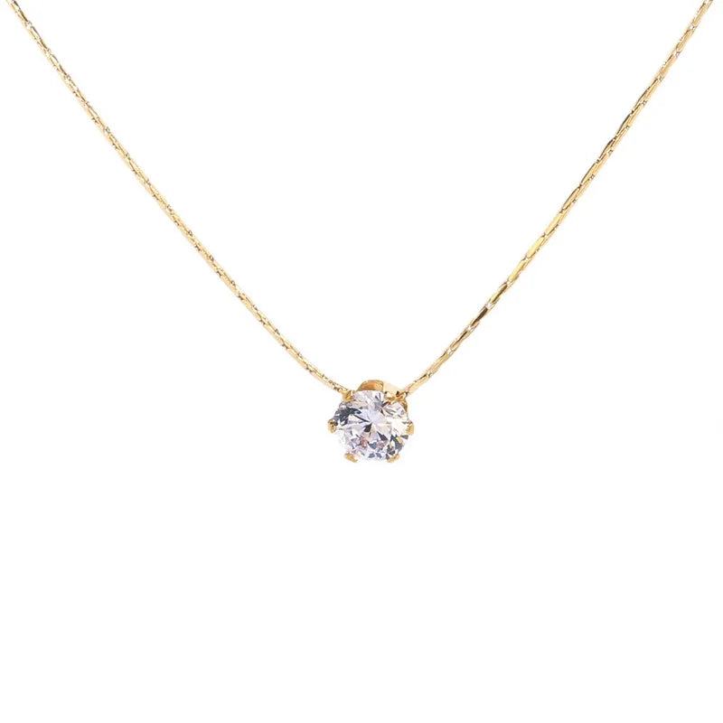AA01578 Dainty Women Jewelry Stainless Steel Single Cubic Zirconia Charm Necklace Choker Necklaces