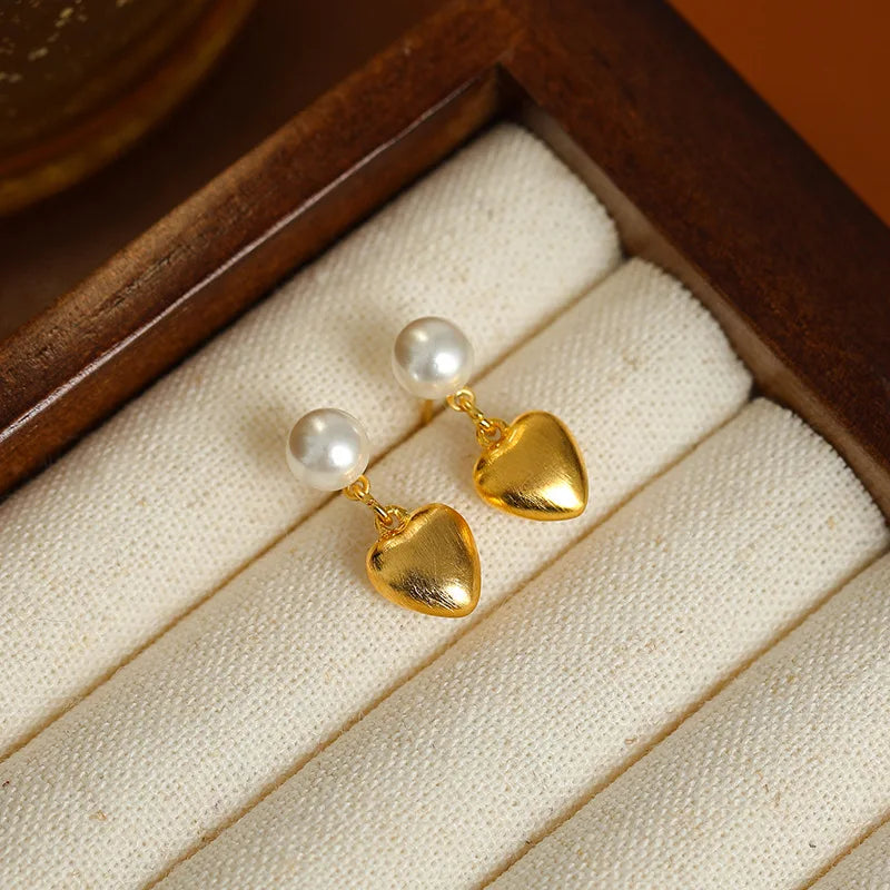 Fashion Jewelry 14K Gold Plated Love Heart Stud Earrings Pearl Heart Shaped Earrings Women Jewelry