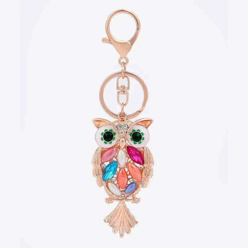 Luxury Rose Gold Metal Owl Shape Keychain Crystal Rhinestone Car Key Chains Bag Charm Owl Key Ring Women Girls Gift Owl Keychain