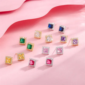 SP Fine Jewelry S925 Colorful Square Cubic Zirconia 925 Sterling Silver Stud Earrings