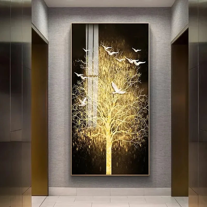 Modern Abstract Crystal Porcelain Wall Art Painting Money Tree Golden Wall Decor Painting for Living Room Home Decor Luxury
