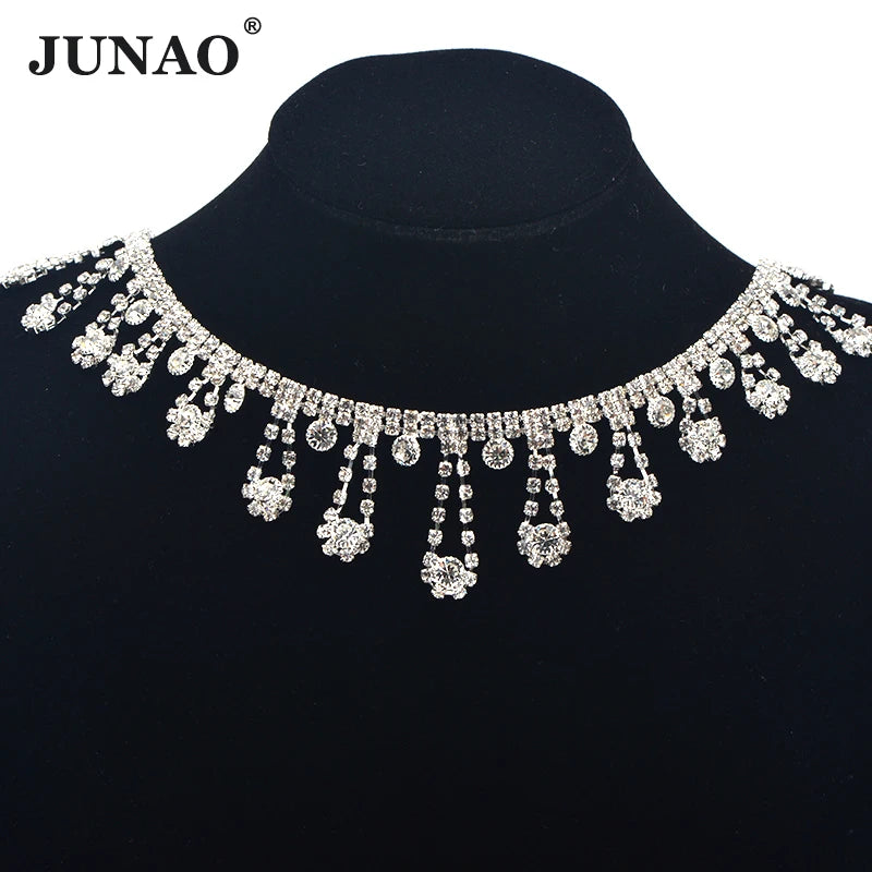 JUNAO 1 Yard Clear Rhinestones Fringe Rhinestone Chain Roll Bracelet Rhinestones Chain Sewing on Clothes Jewelry