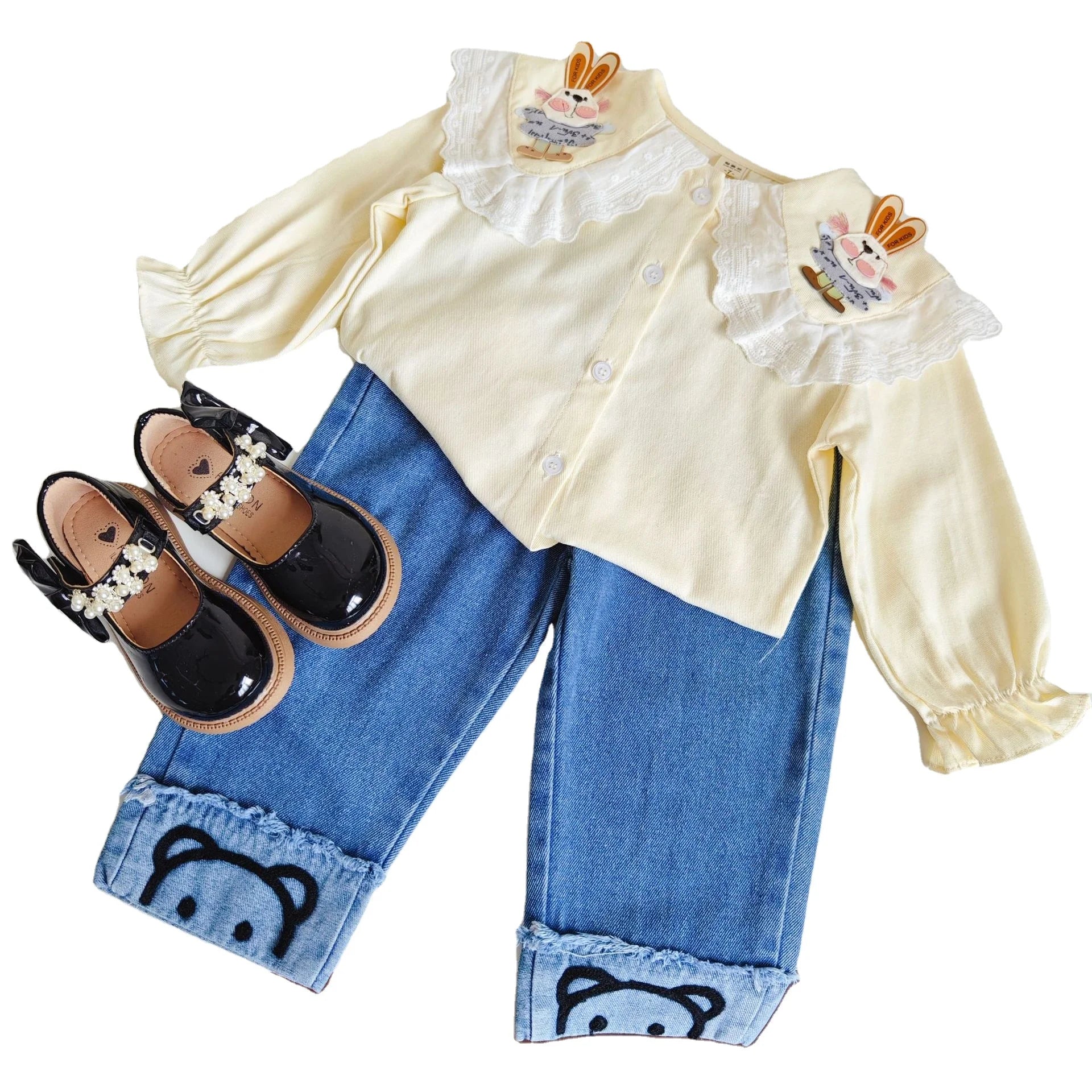 New Spring Girls' 2-Piece Set Cute Cartoon Print Peter Pan Collar Shirt with Comfortable Thermal Jeans Customizable Logo